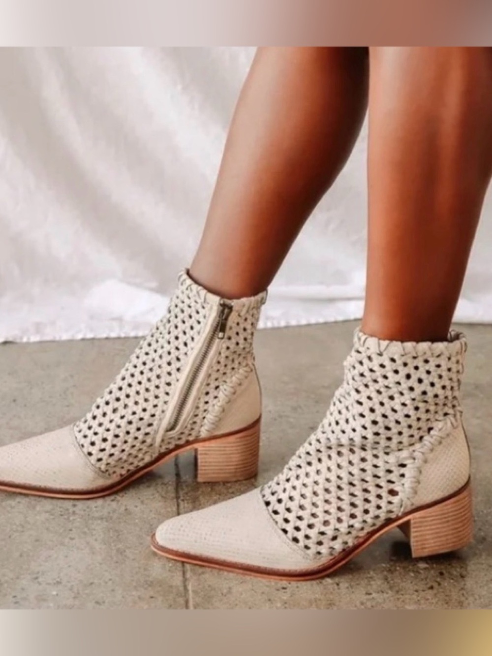 Free People In The Loop Woven Leather Boots White Off-White Ankle Block Heel 41